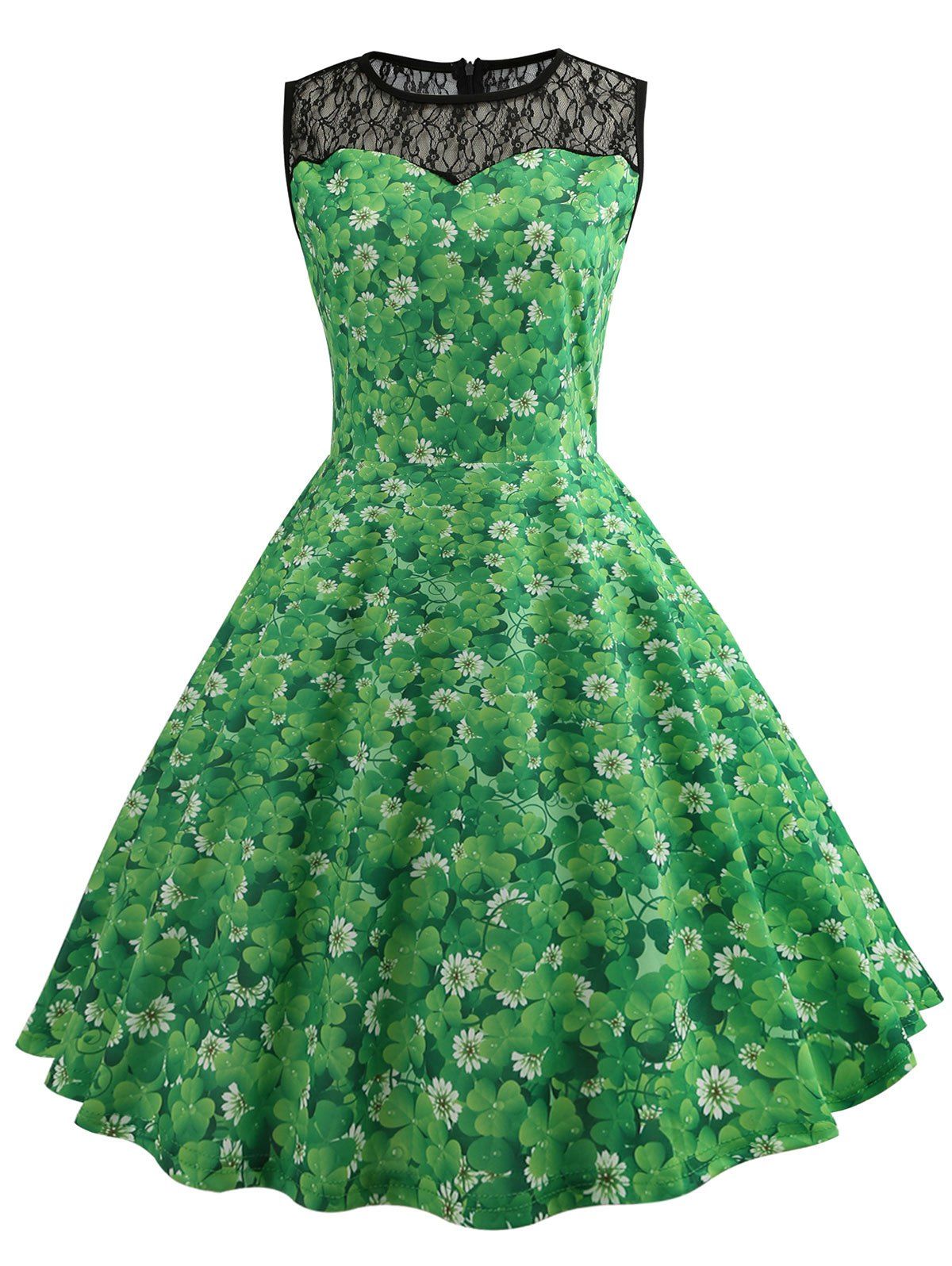

Leaf Print Lace Yoke Sleeveless Vintage Dress, Green