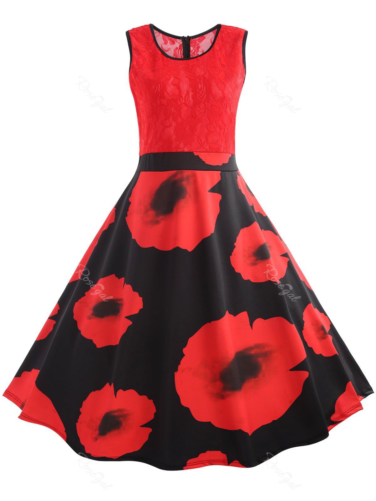 

Plus Size Lace Trim Vintage Floral Party Dress, Black&red