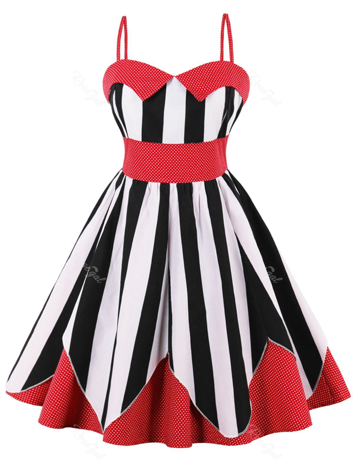 

Plus Size Striped Polka Dot Vintage Dress, Red