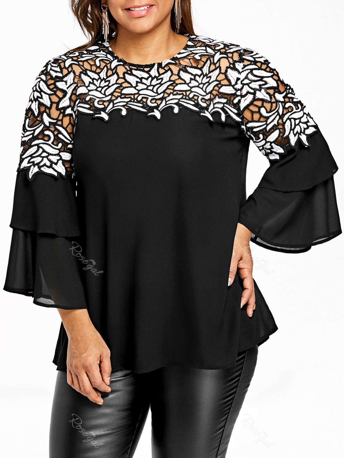 

Plus Size Hollow Out Flare Sleeve Blouse, Black
