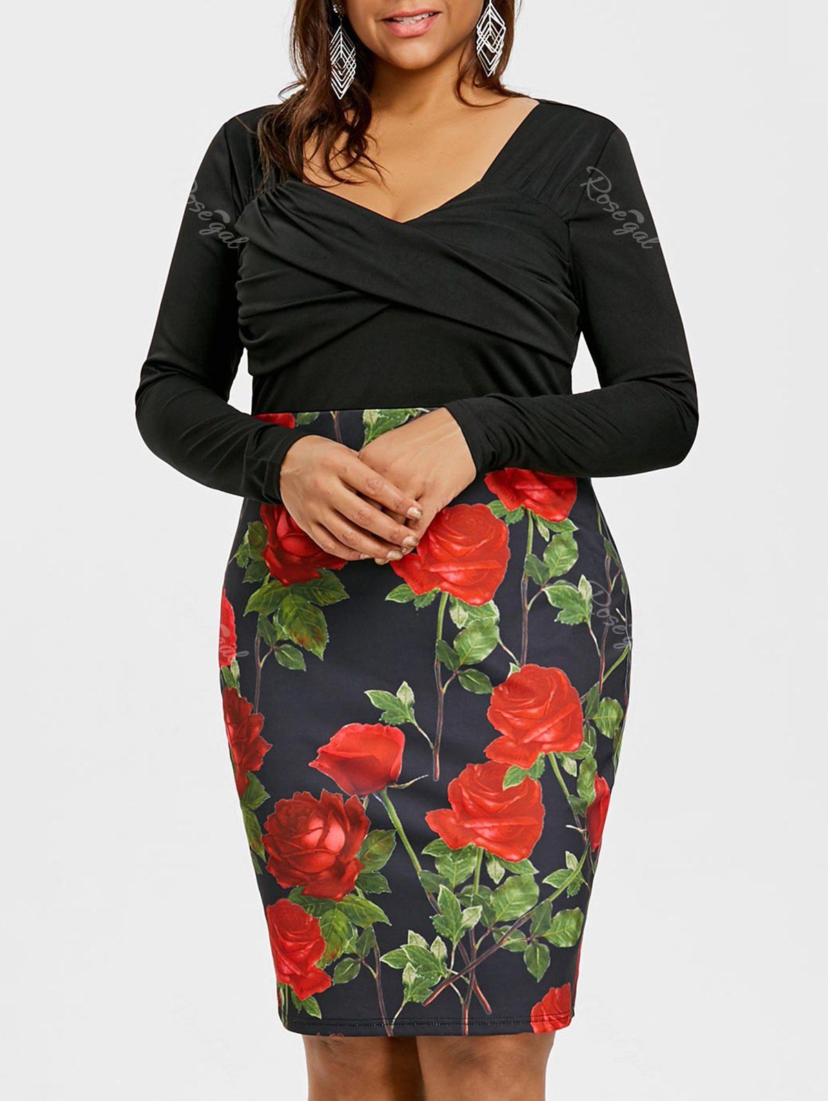 

Plus Size Empire Waist Rose Bodycon Dress, Bright black