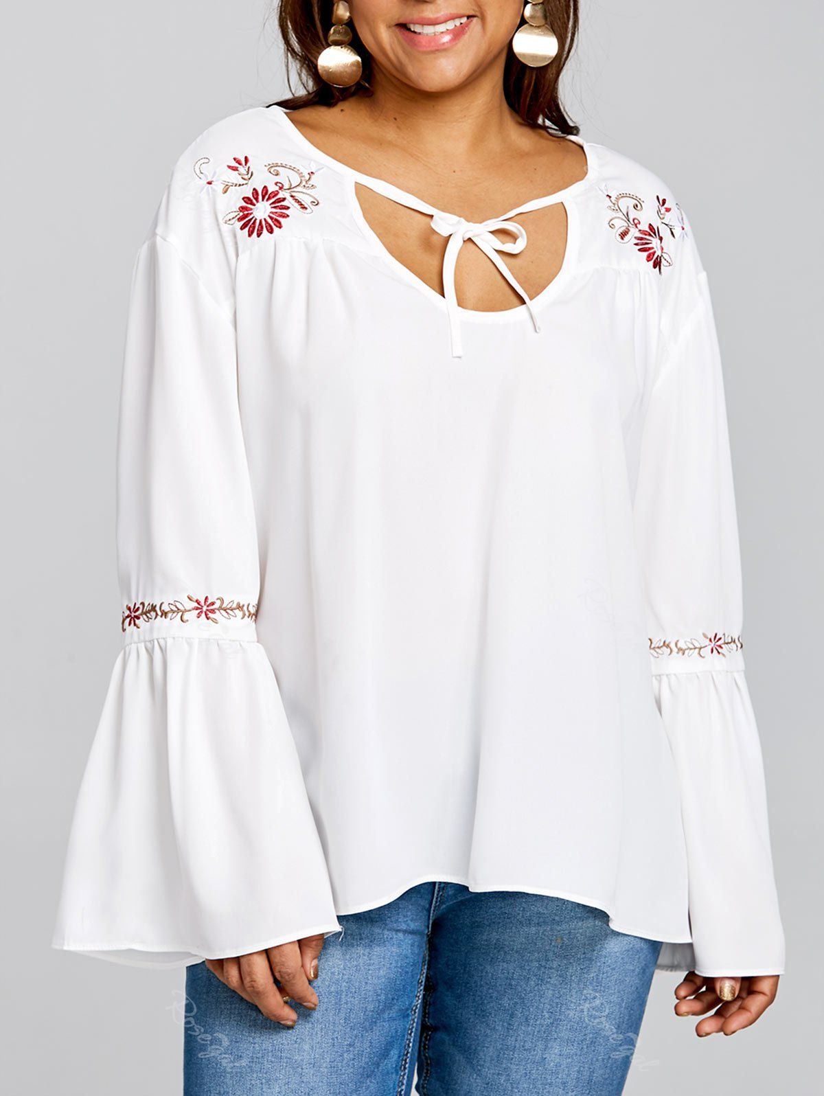 

Plus Size Bell Sleeve Embroidery Smock Blouse, White