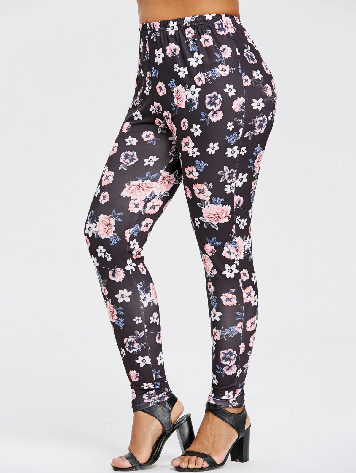 [36% OFF] Stretchy Plus Size Floral Print Leggings | Rosegal