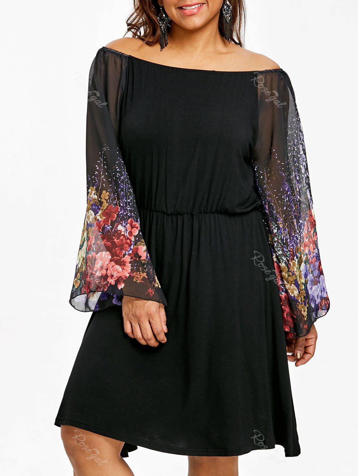 

Flower Print Off The Shoulder Plus Size Dress, Black