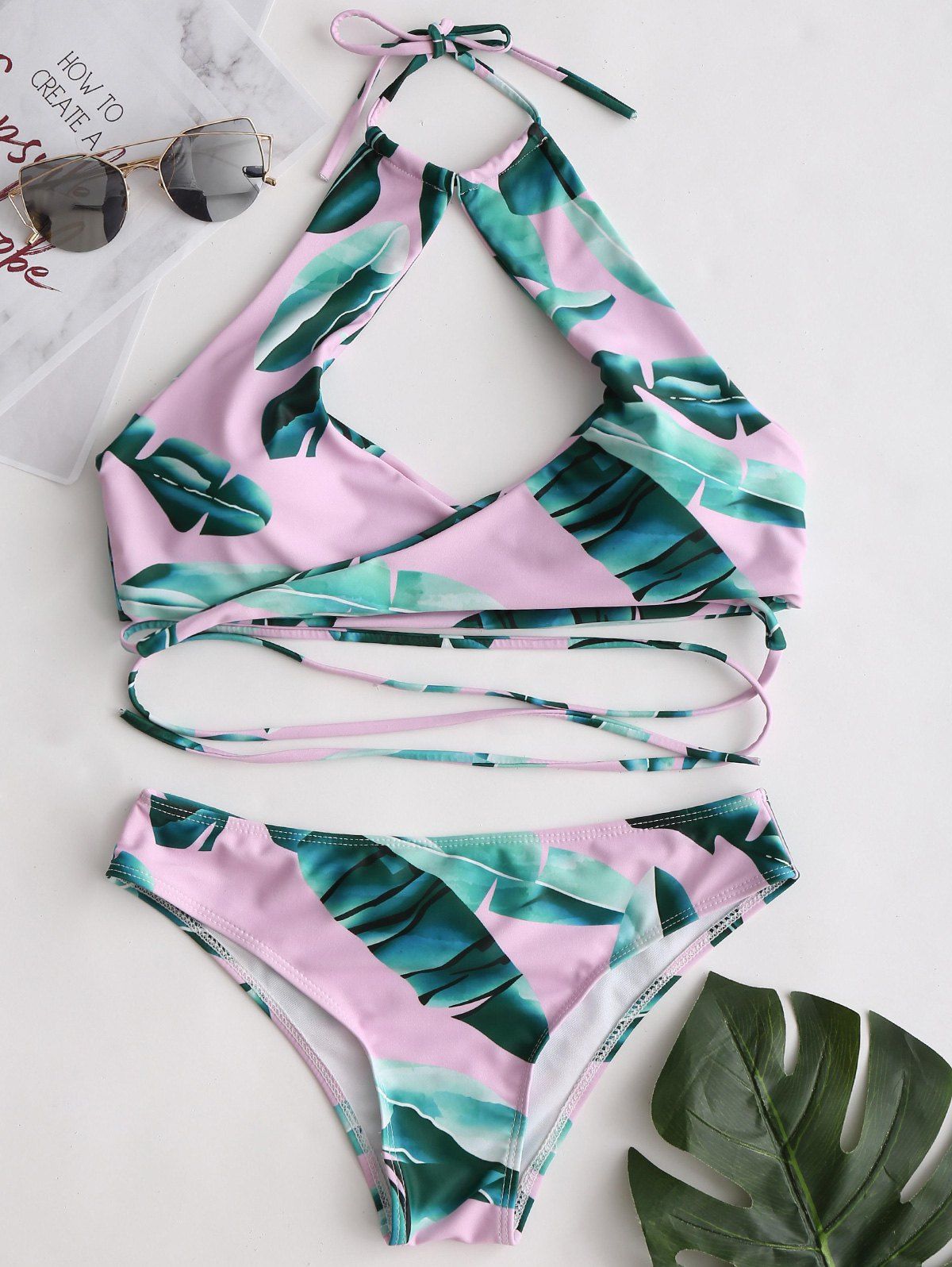 

Cut Out Leaves Print Wrap Bikini Set, Pink