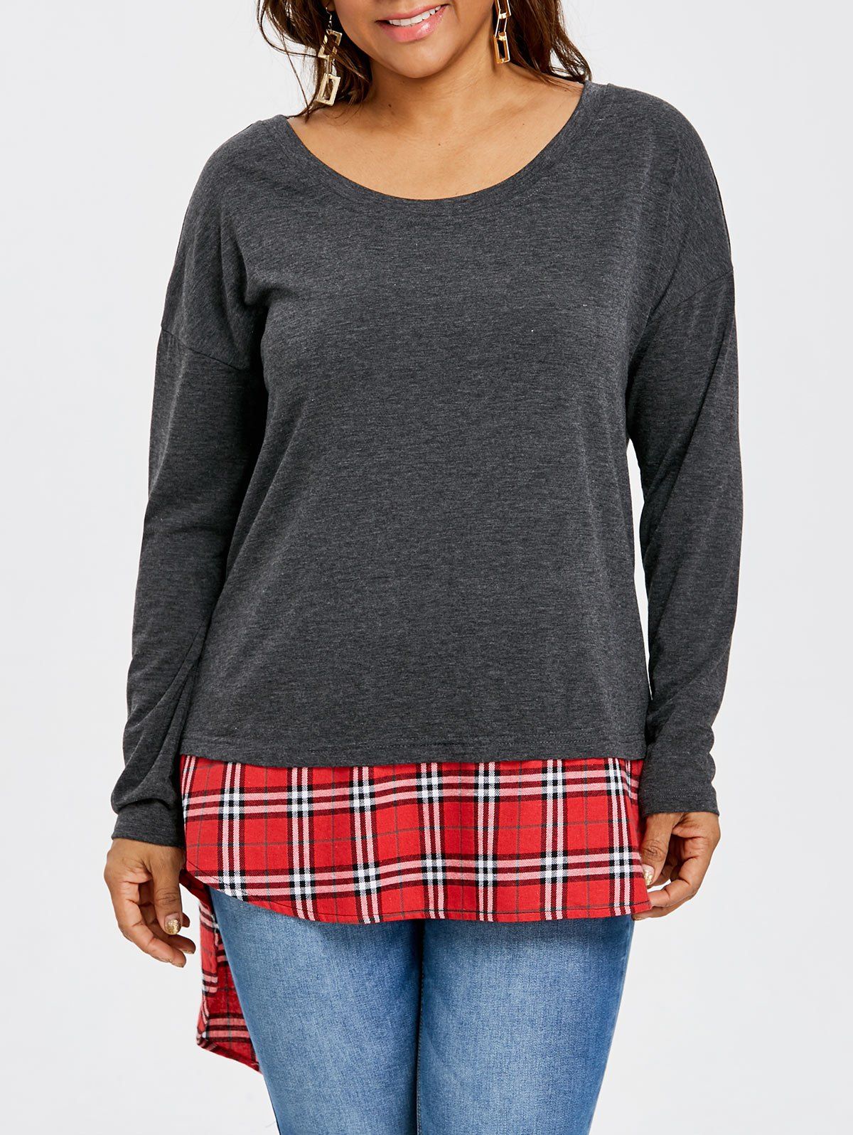 

Plus Size Plaid Dip Hem Top, Dark gray