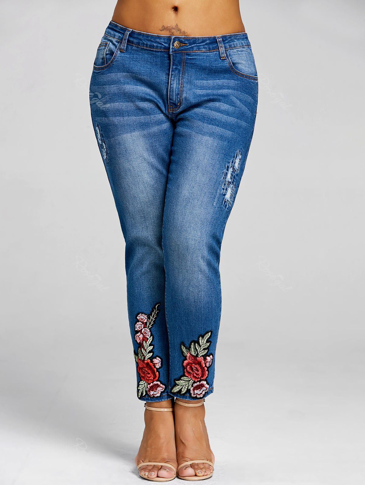 

Plus Size Floral Embroidery Denim Pants, Denim blue