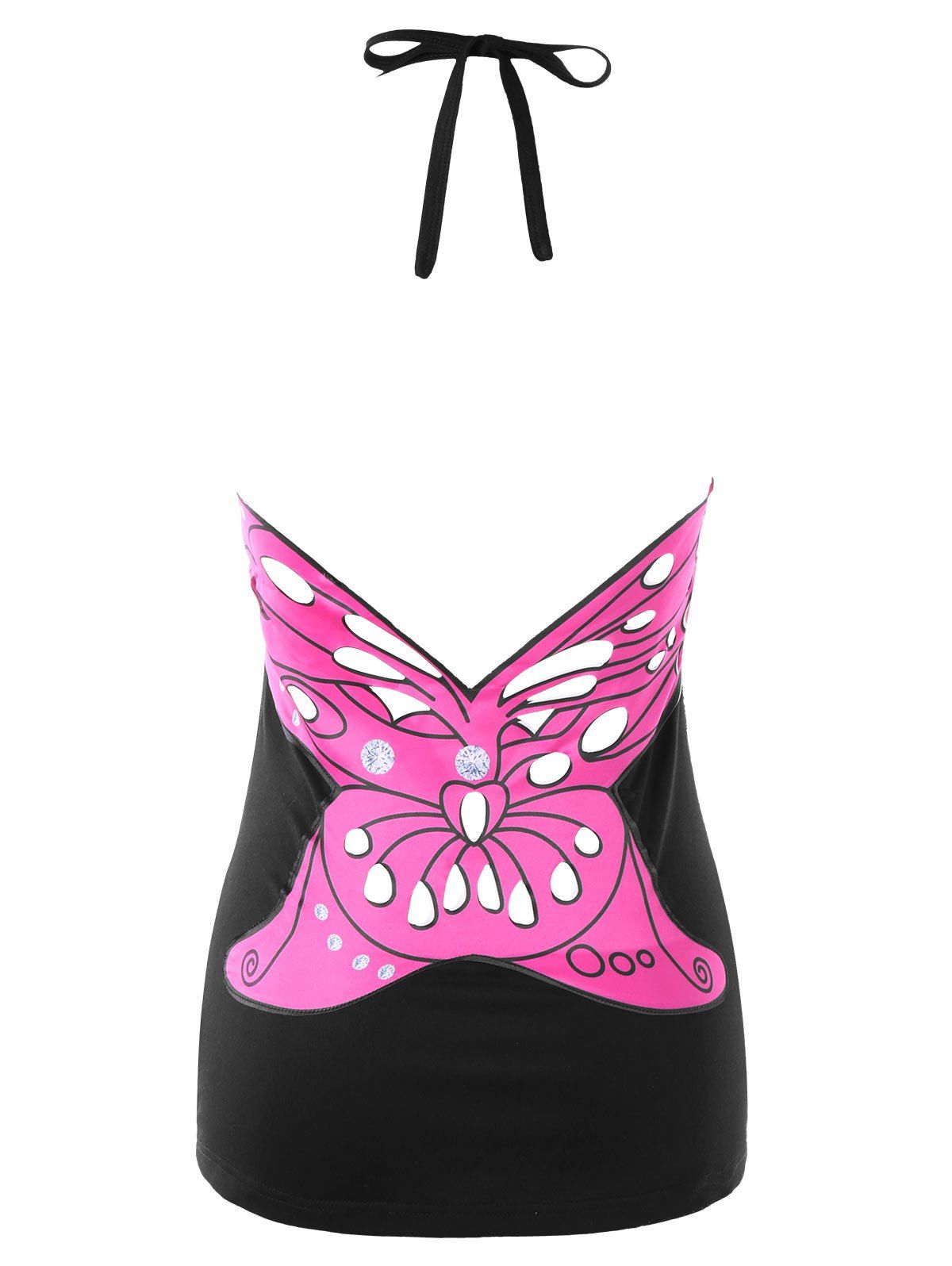 

Open Back Butterfly Pattern Halter Tank Top, Black