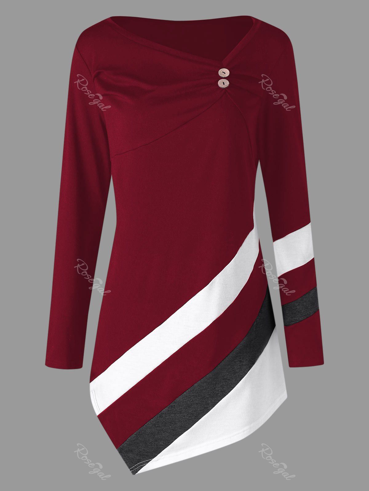 

Plus Size Striped Asymmtric Tunic Top, Wine red