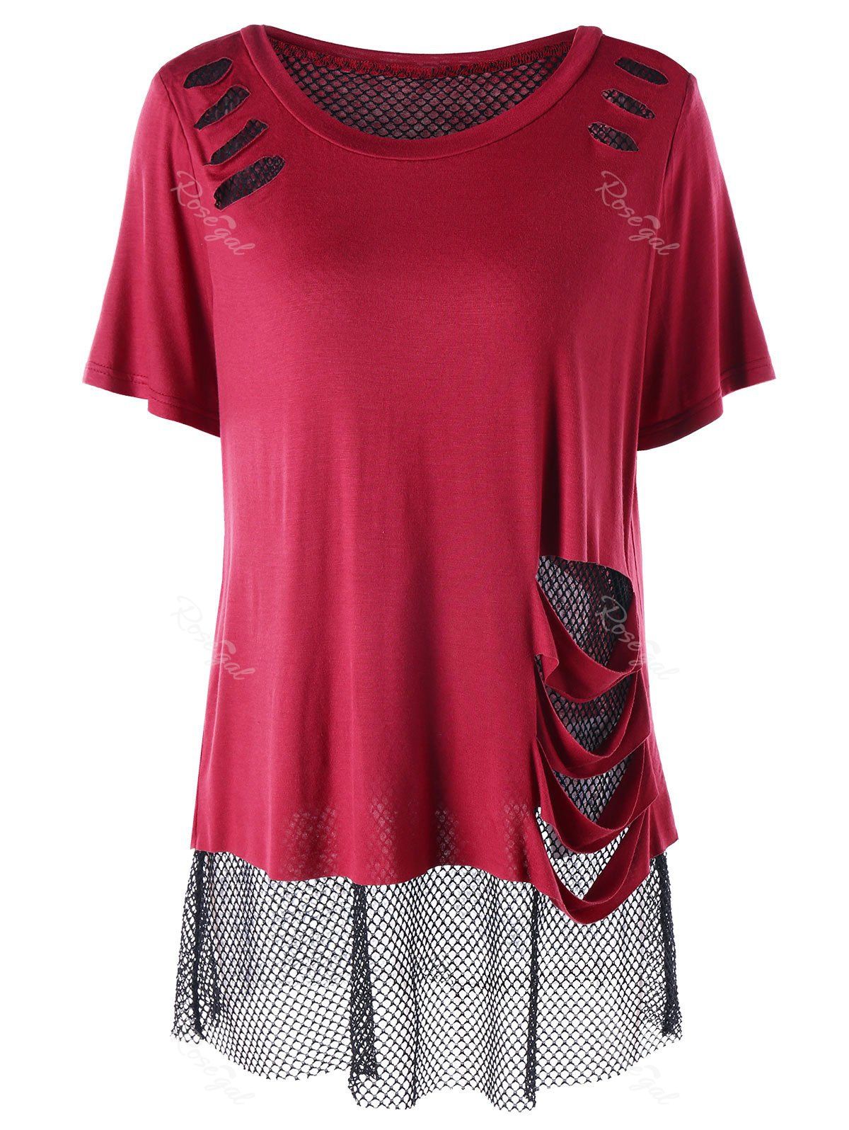 

Plus Size Shredding Fishnet T-shirt, Black + wine red