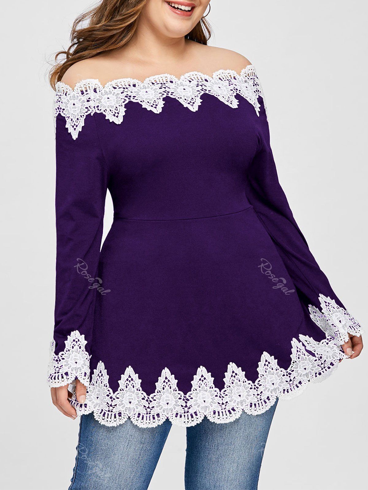 

Plus Size Embroidery Off The Shoulder Top, Purple