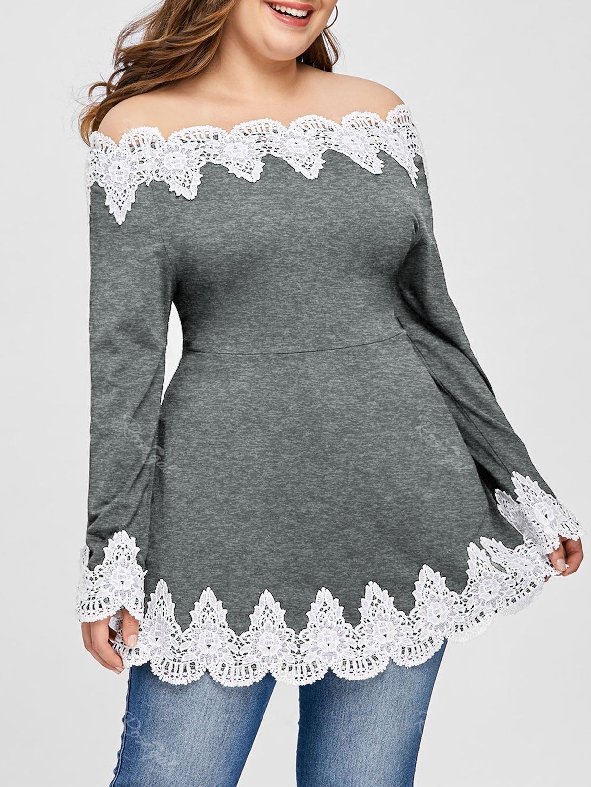 

Plus Size Embroidery Off The Shoulder Top, Gray
