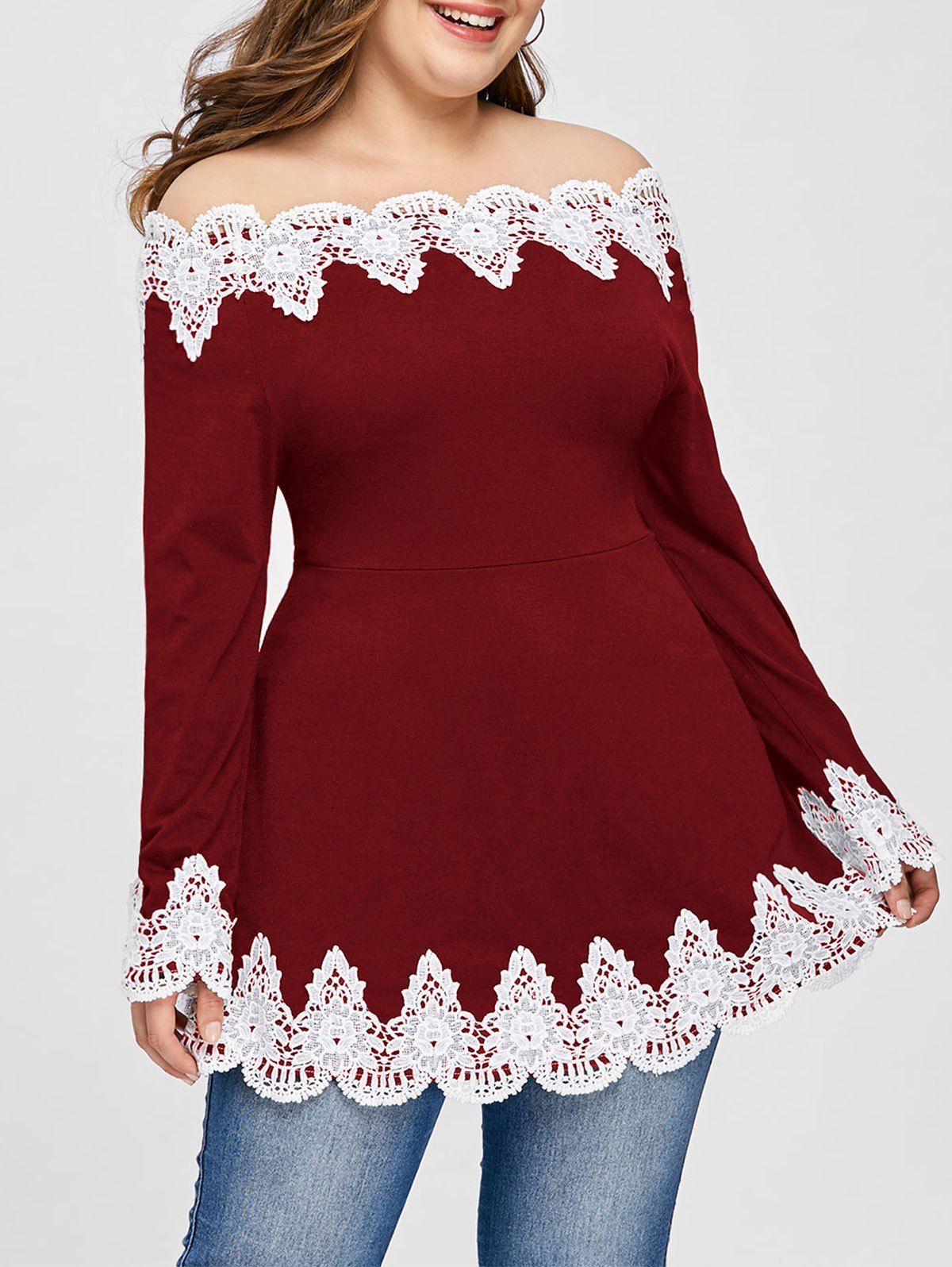 

Plus Size Embroidery Off The Shoulder Top, Wine red