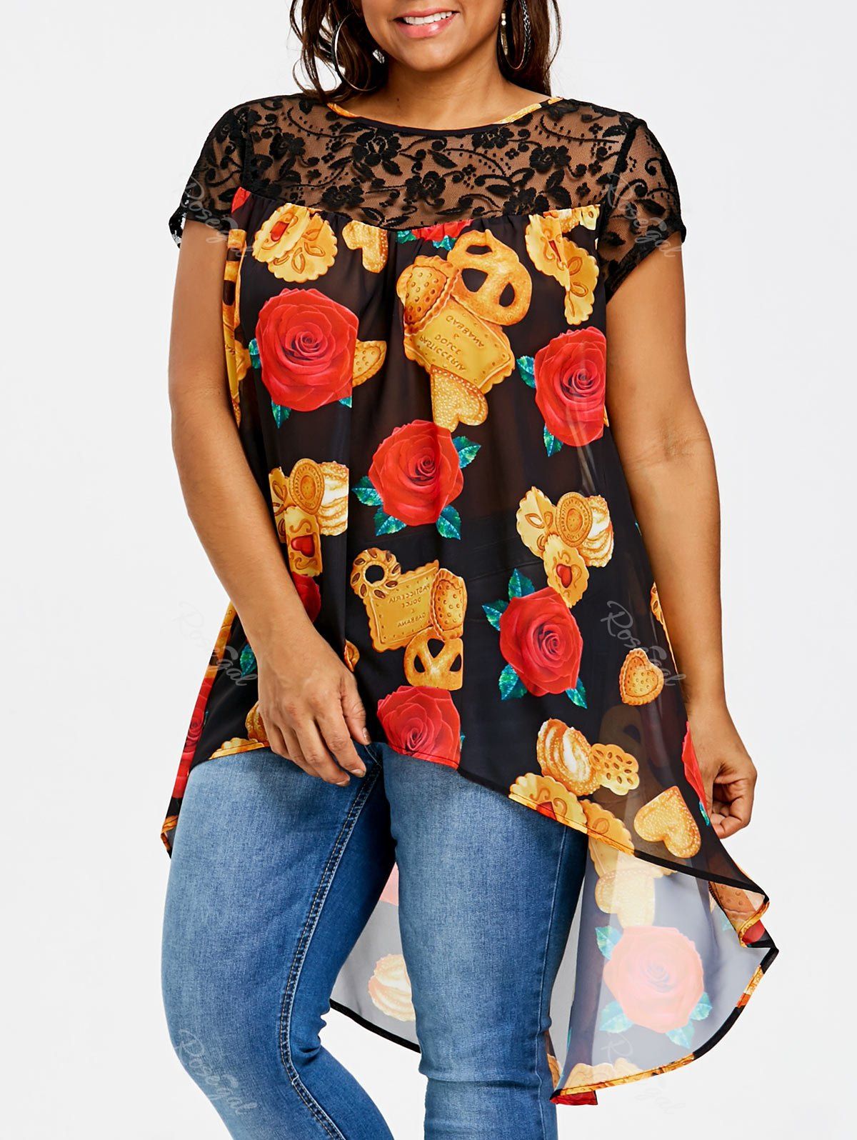 

Plus Size Asymmetrical Floral Print Blouse, Black