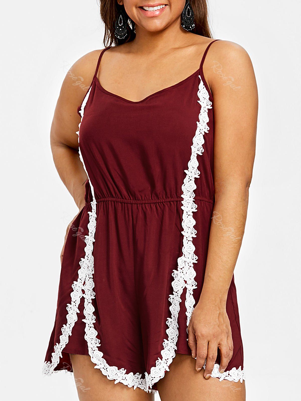 

Crochet Lace Plus Size Spaghetti Straps Romper, Wine red
