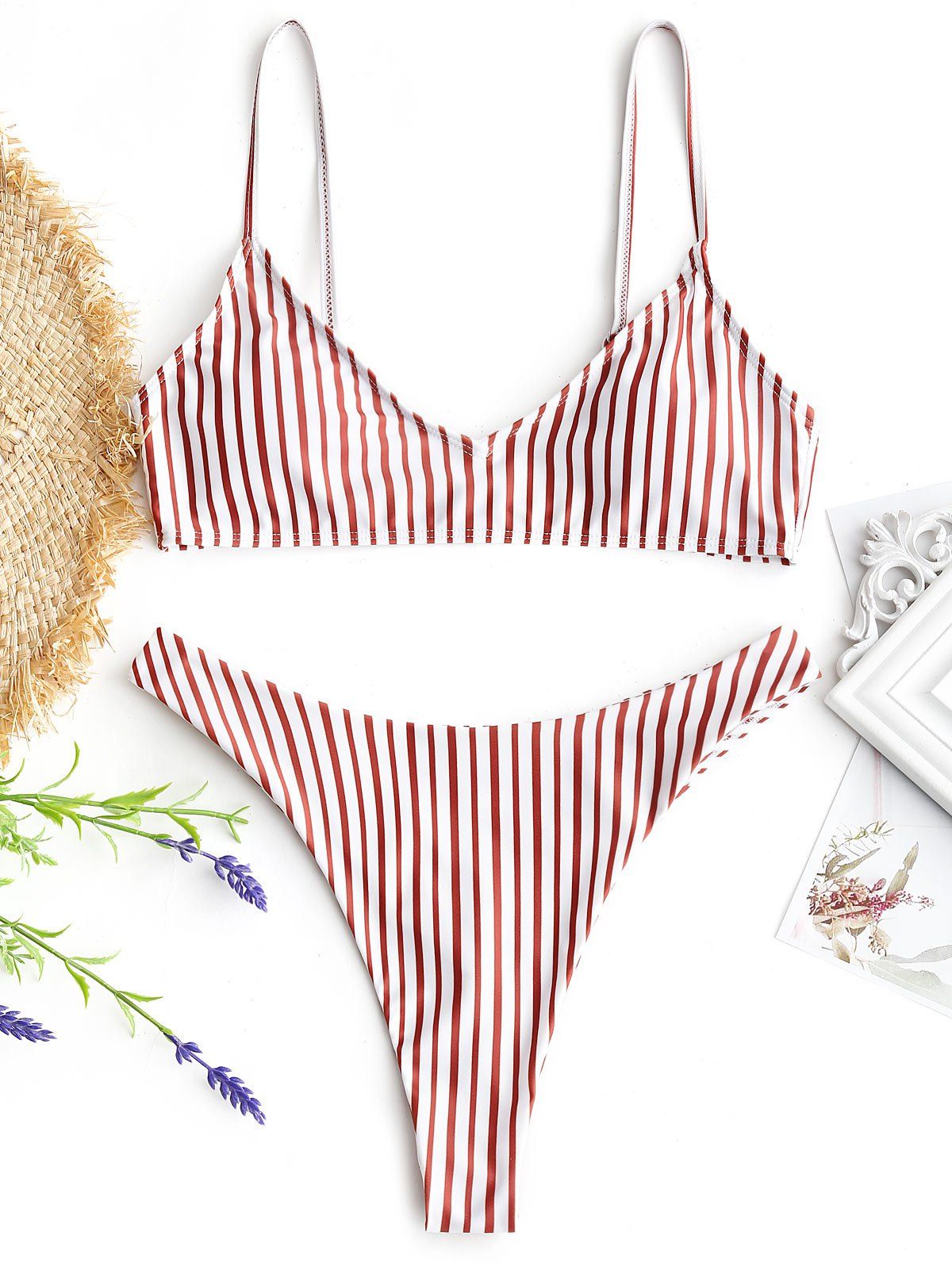 

Cami Striped Thong Bathing Suit, Red and white