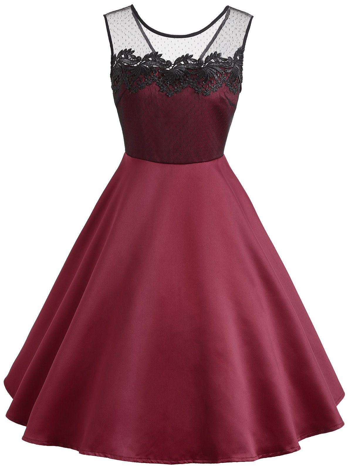 

Lace Insert Sleeveless Vintage Dress, Claret