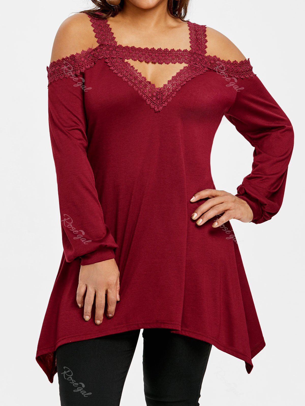 

Plus Size Keyhole Open Shoulder Tunic Top, Wine red