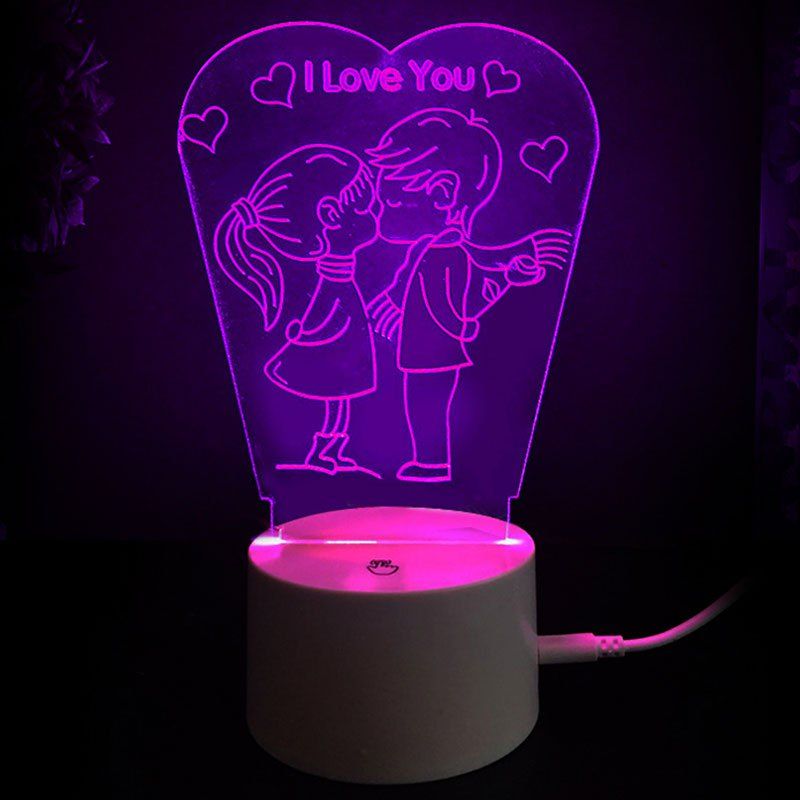 Lampe de Nuit LED à Couleurs Changeantes Motif Baiser d'Amour Transparent 