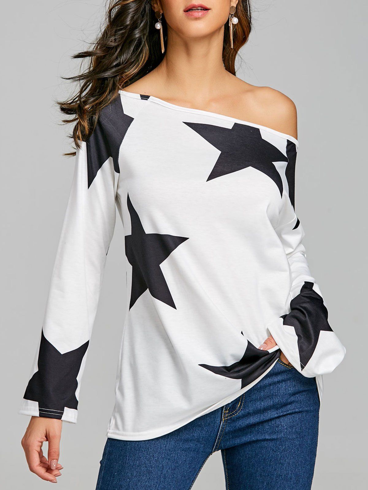 

Star Print Skew Neck Tunic Tee, White