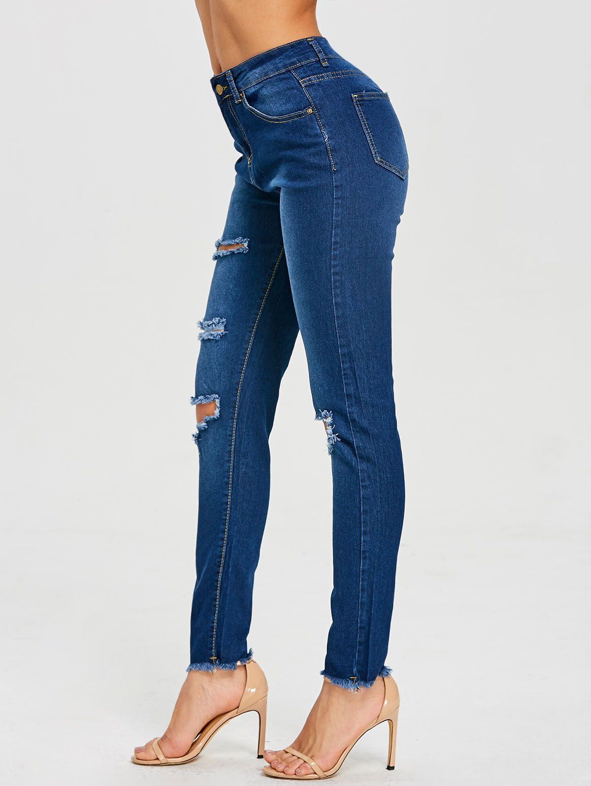 

High Waist Frayed Ripped Jeans, Deep blue