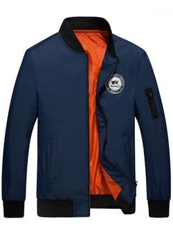 Zip Up Embroidered Applique Bomber Jacket - BLUE - L