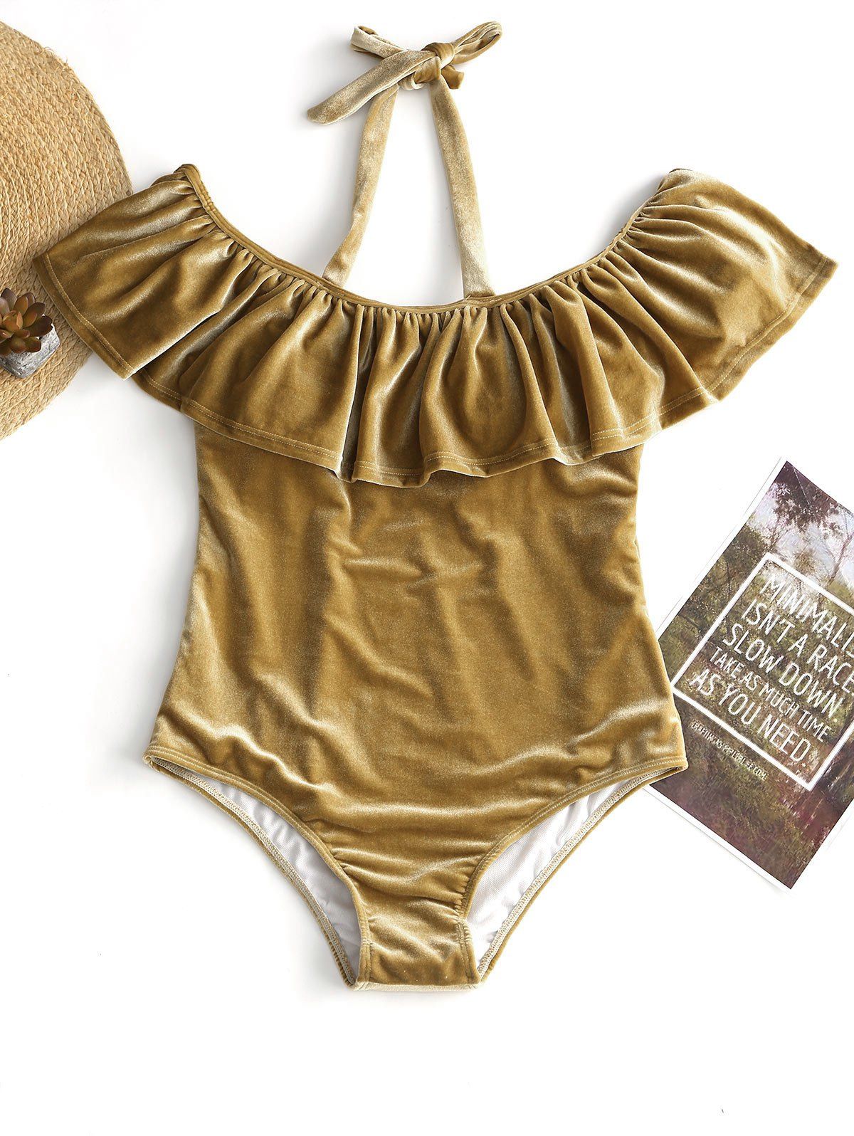 

Velvet Halter Plus Size Swimsuit, Champagne gold