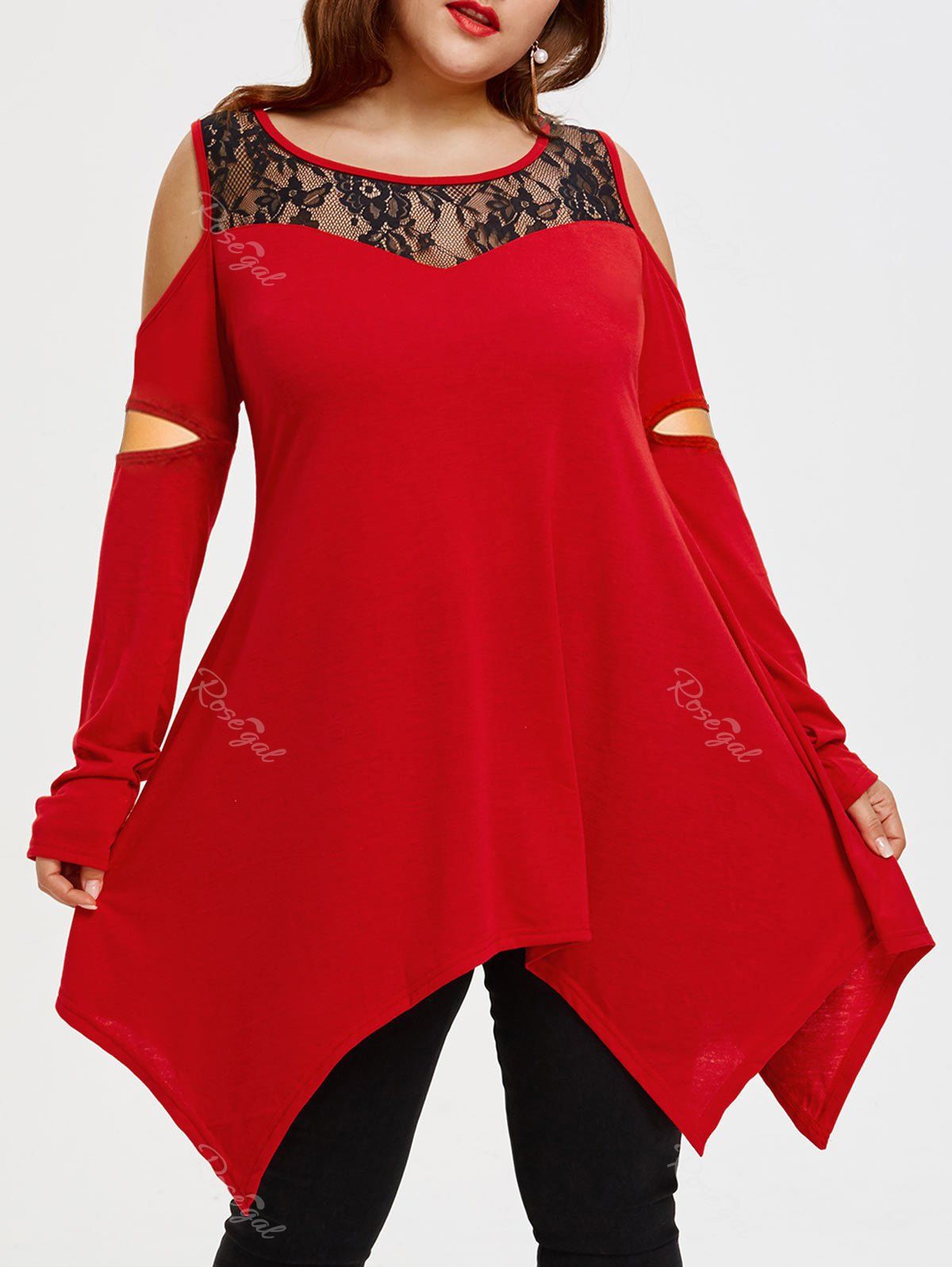 

Plus Size Lace Panel Tunic Handkerchief T-shirt, Red