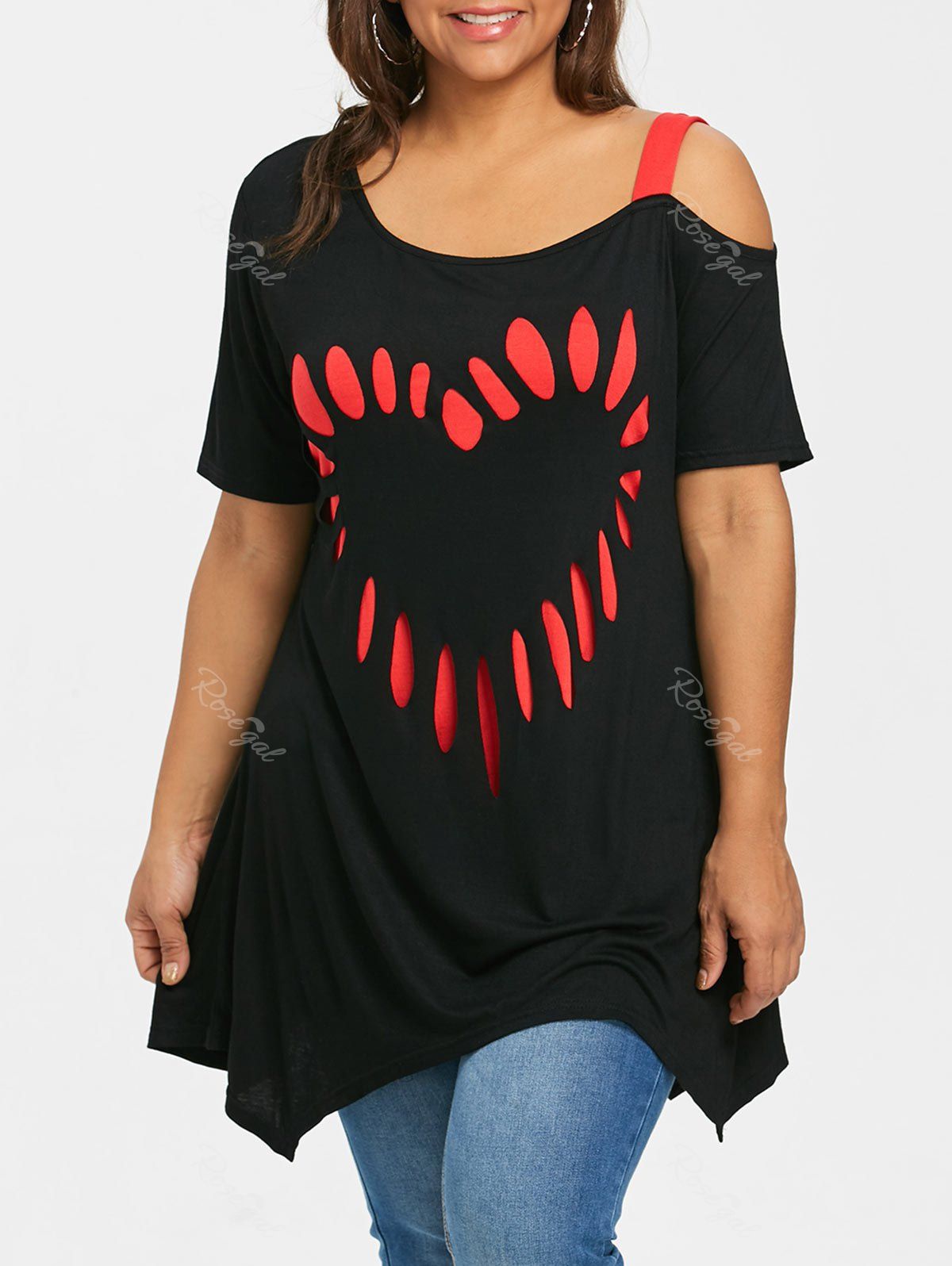 T-shirt Tunique Imprimé Cœur à Manches Courtes Grande Taille Noir 2XL