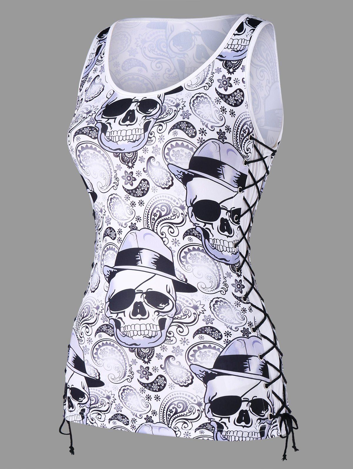 

Paisley Skulls Lace Up Tank Top, White and black