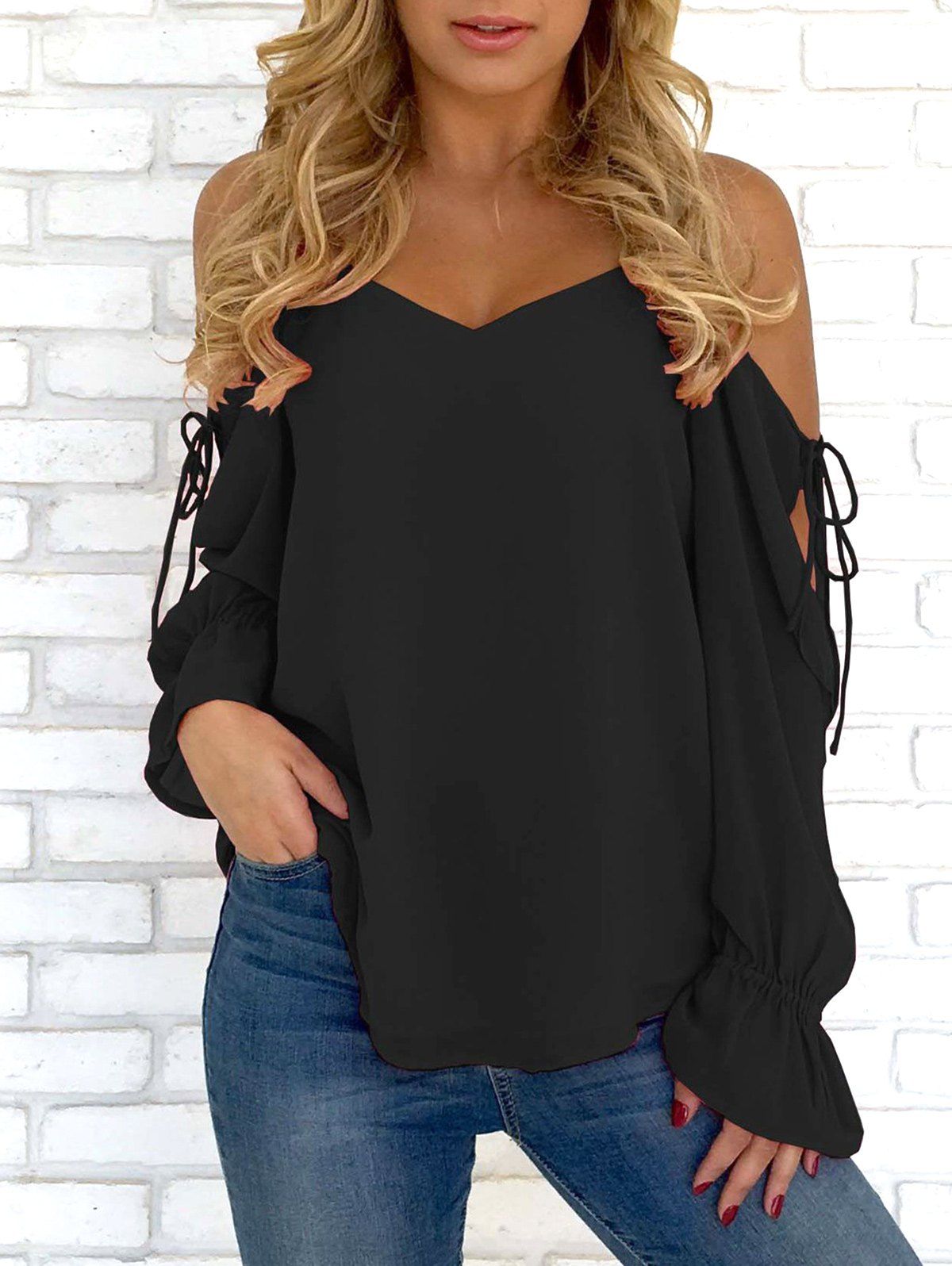 

Self Tie Sleeve Spaghetti Strap Blouse, Black