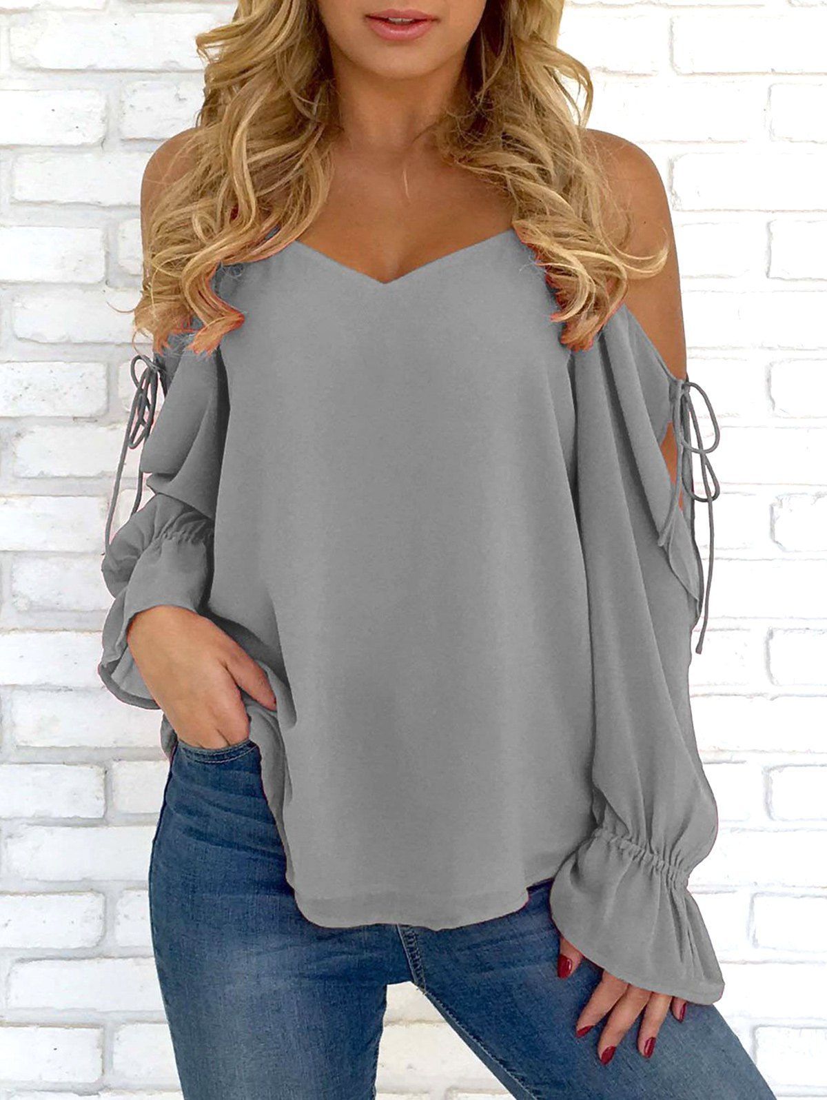 

Self Tie Sleeve Spaghetti Strap Blouse, Gray