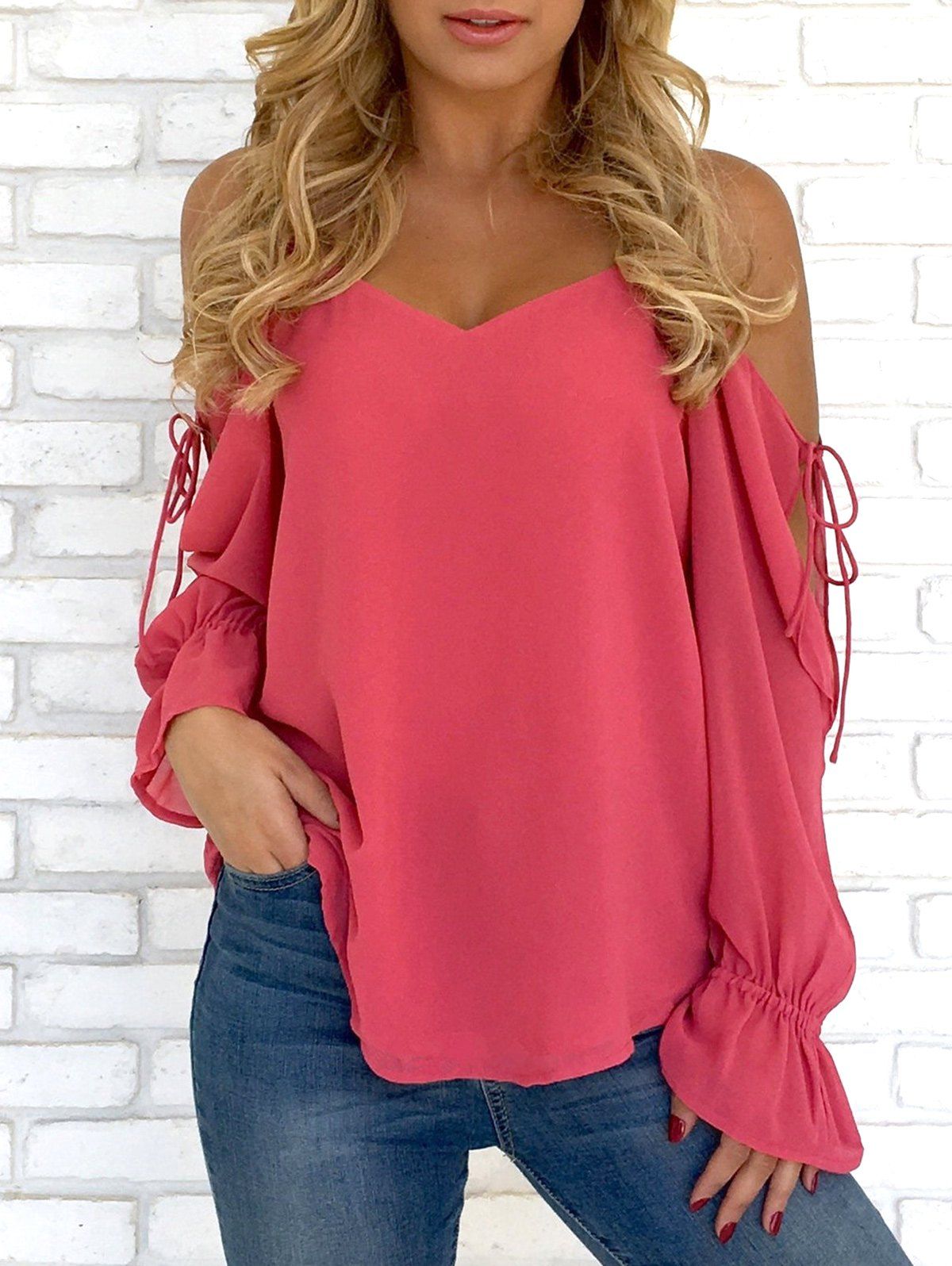 

Self Tie Sleeve Spaghetti Strap Blouse, Watermelon red