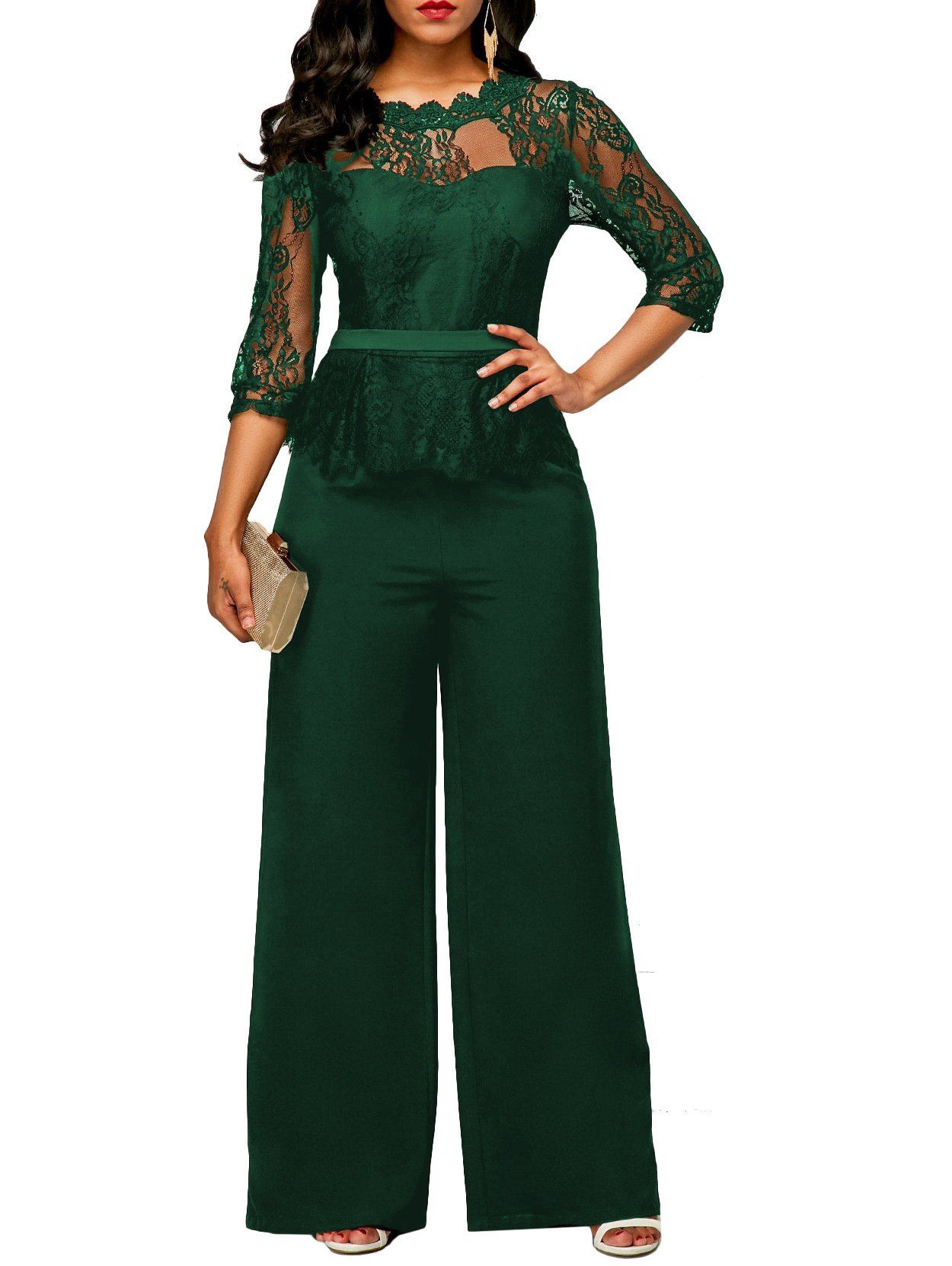 

Peplum Lace Panel Jumpsuit, Green