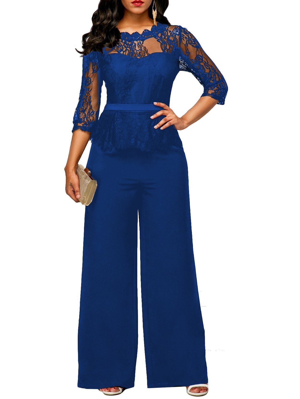 

Peplum Lace Panel Jumpsuit, Blue