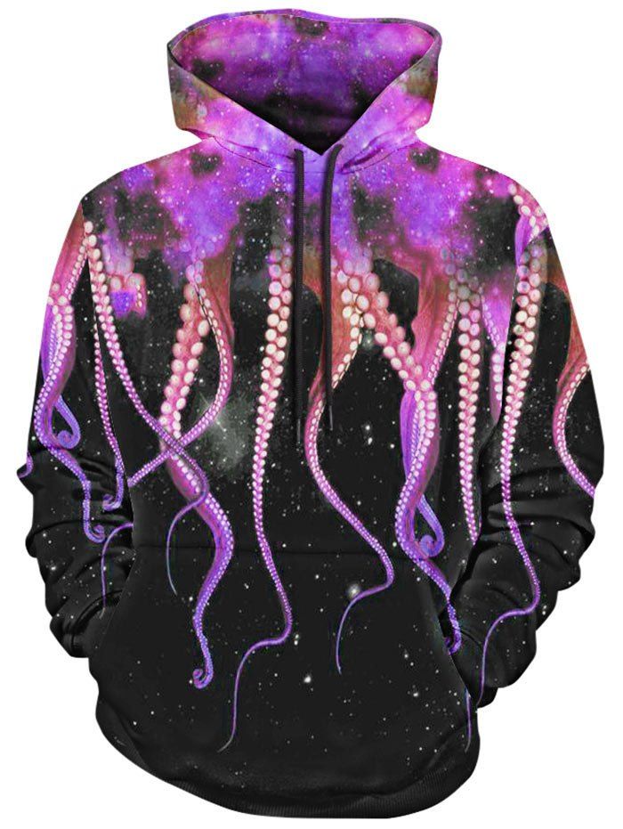 

Octopus Claw and Galaxy Print Drawstring Hoodie, Purple