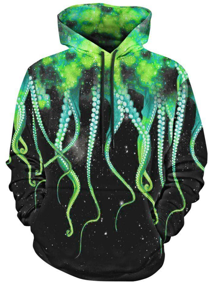 

Octopus Claw and Galaxy Print Drawstring Hoodie, Green