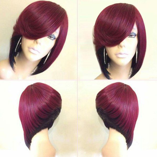 

Short Side Parting Straight Inverted Bob Colormix Synthetic Wig, Black / wine red