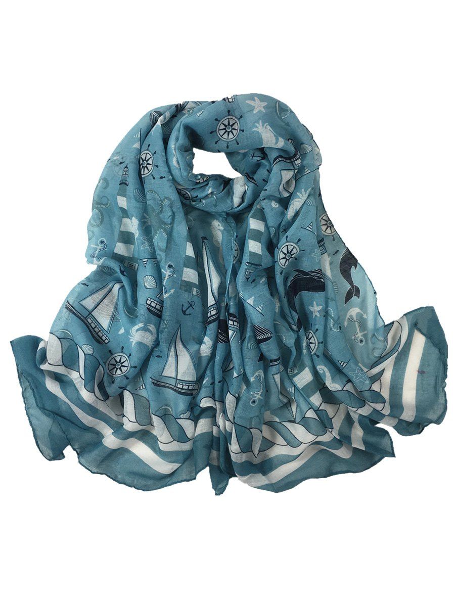 

Unique Sailboat Pattern Embellished Sheer Scarf, Blue