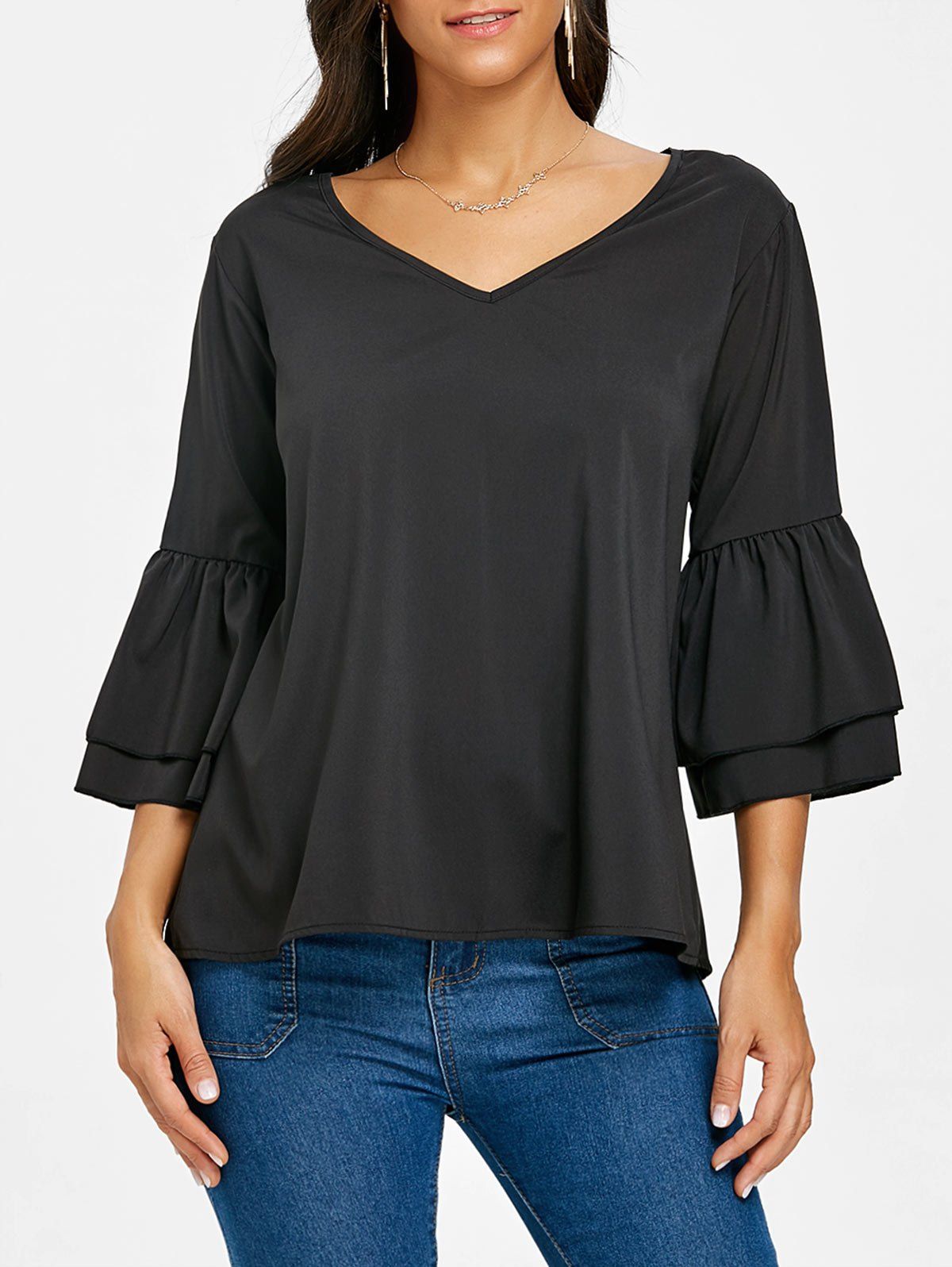 

V Neck Flare Sleeve Blouse, Black