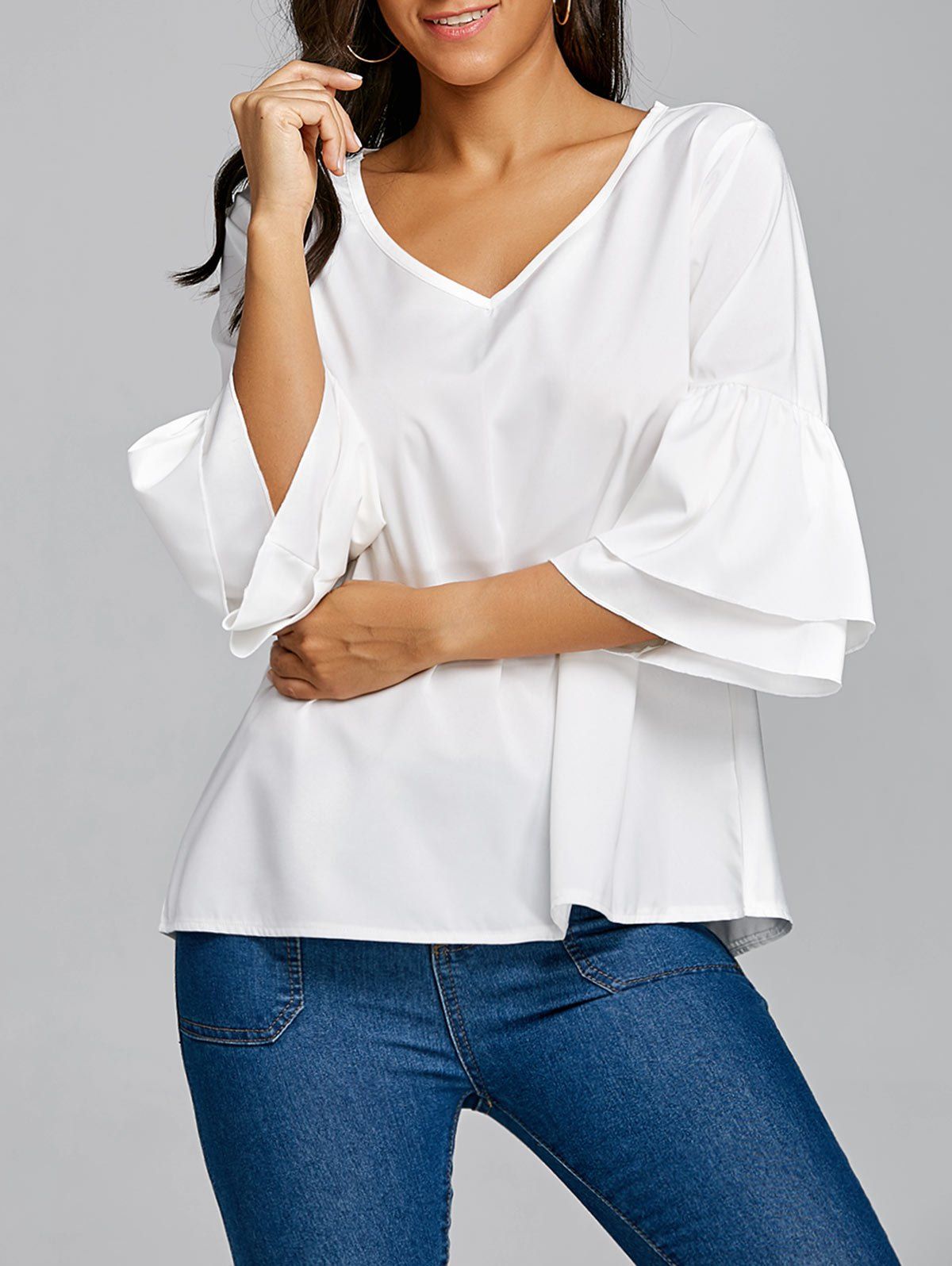 

V Neck Flare Sleeve Blouse, White