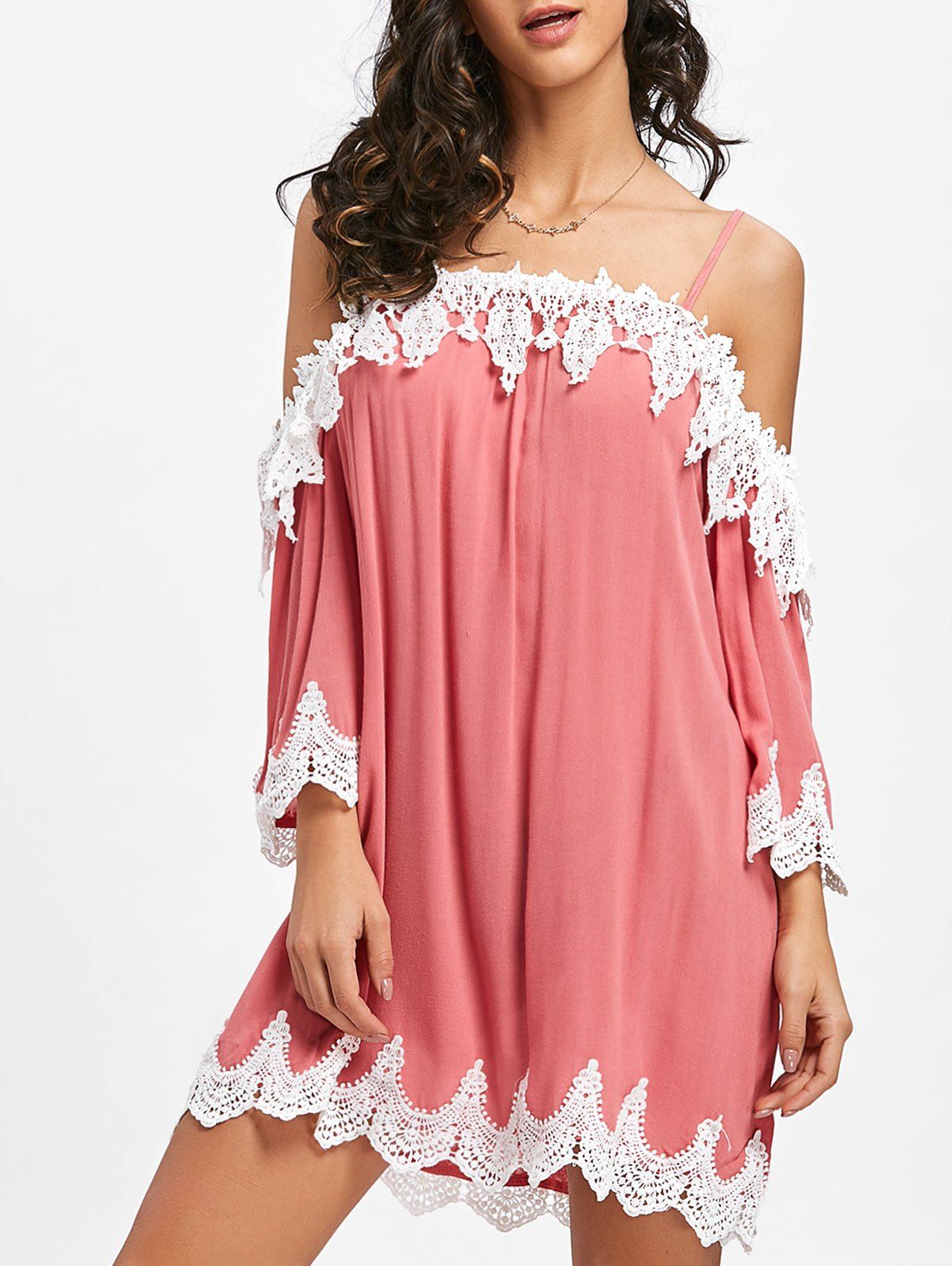 

Open Shoulder Crochet Trimmed Mini Dress, Pink