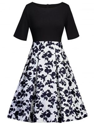 Half Sleeve Floral Insert Vintage Flare Dress