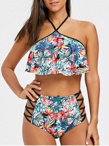 2019 tropical leaf high waist flounce bikini set