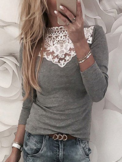 

Mock Neck Lace Panel T-shirt, Gray