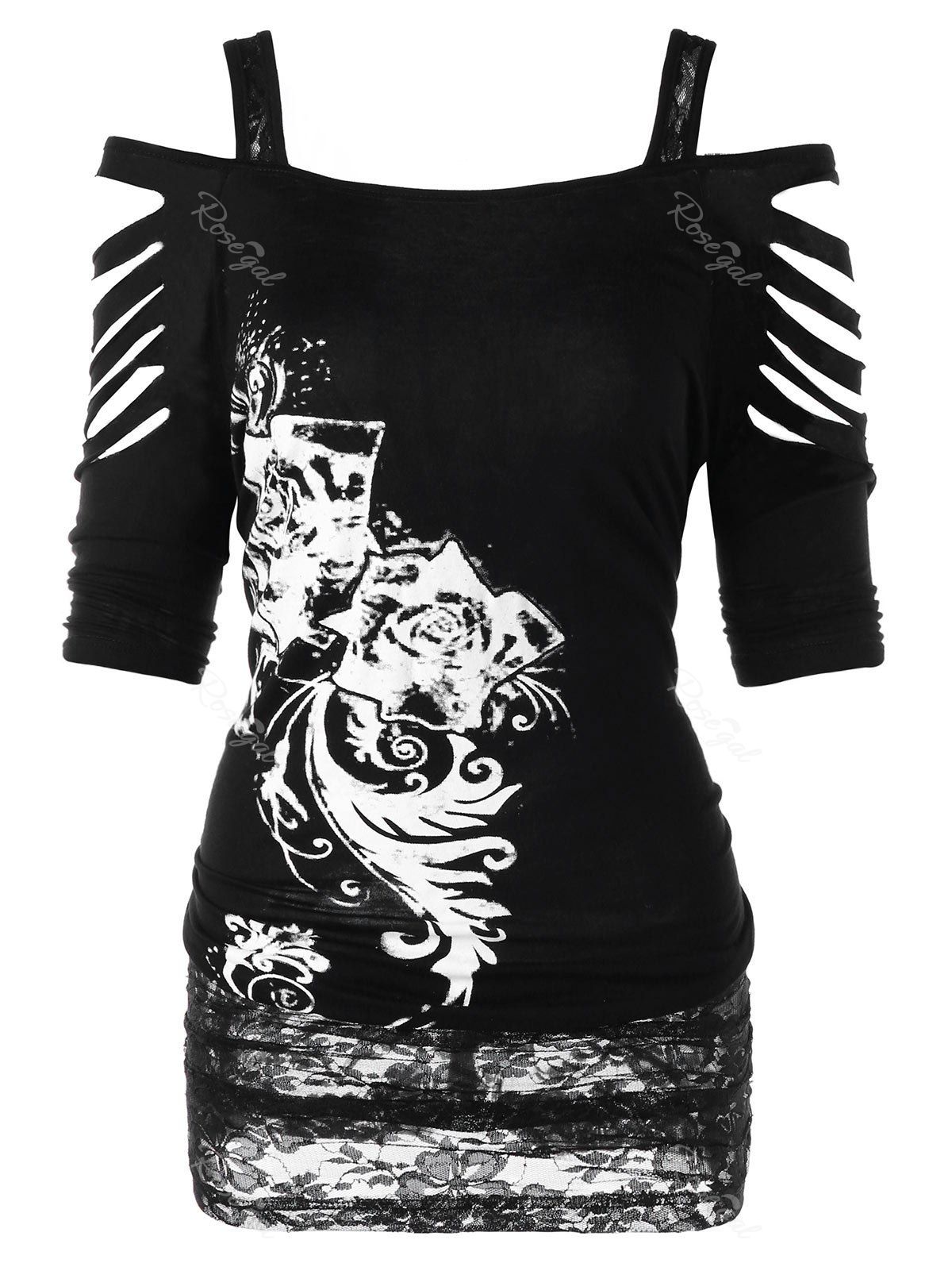 

Plus Size Cold Shoulder Shredding Tunic T-shirt, Black