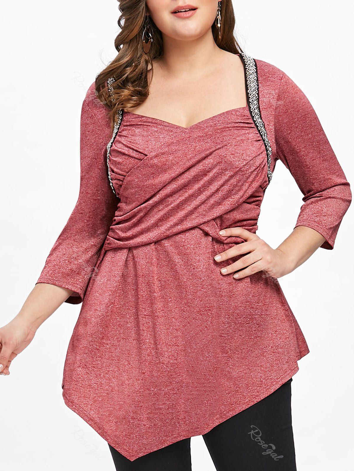 

Plus Size Crossover Front Marled T-shirt, Red
