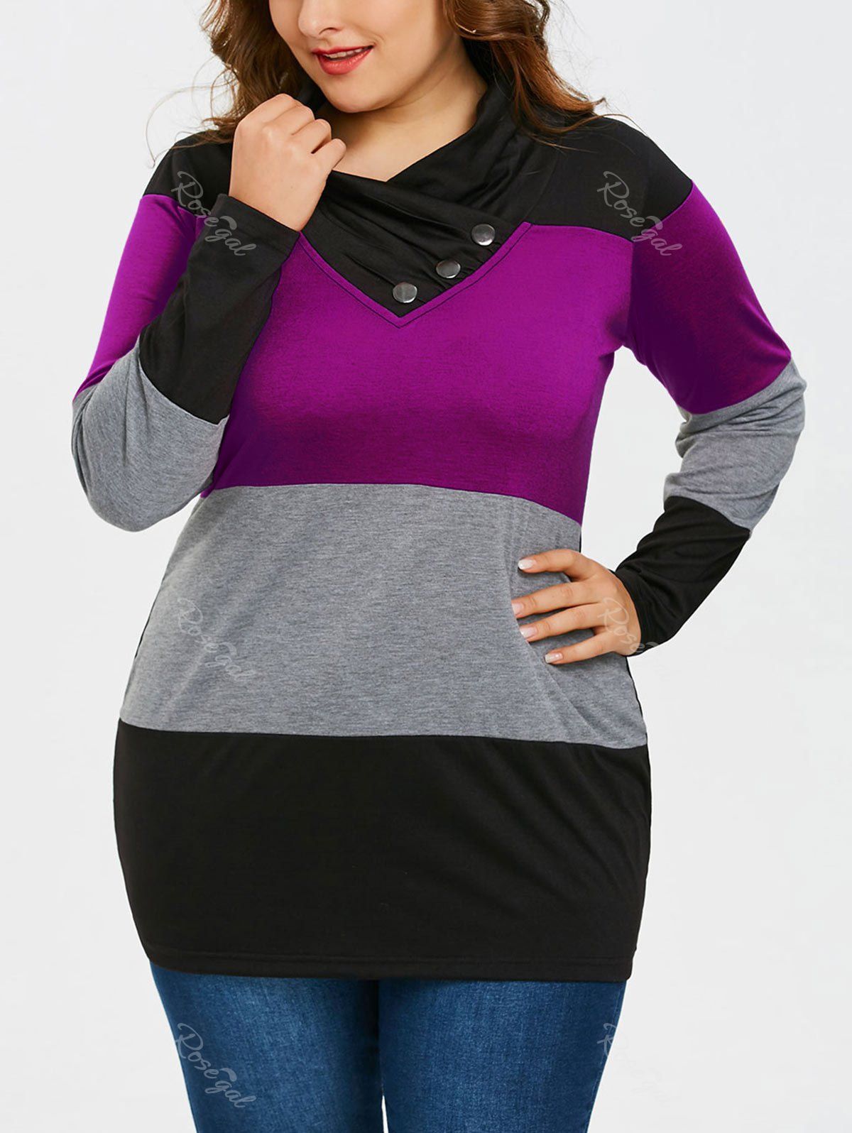 

Plus Size Long Sleeve Heaps Collar T-shirt, Purple