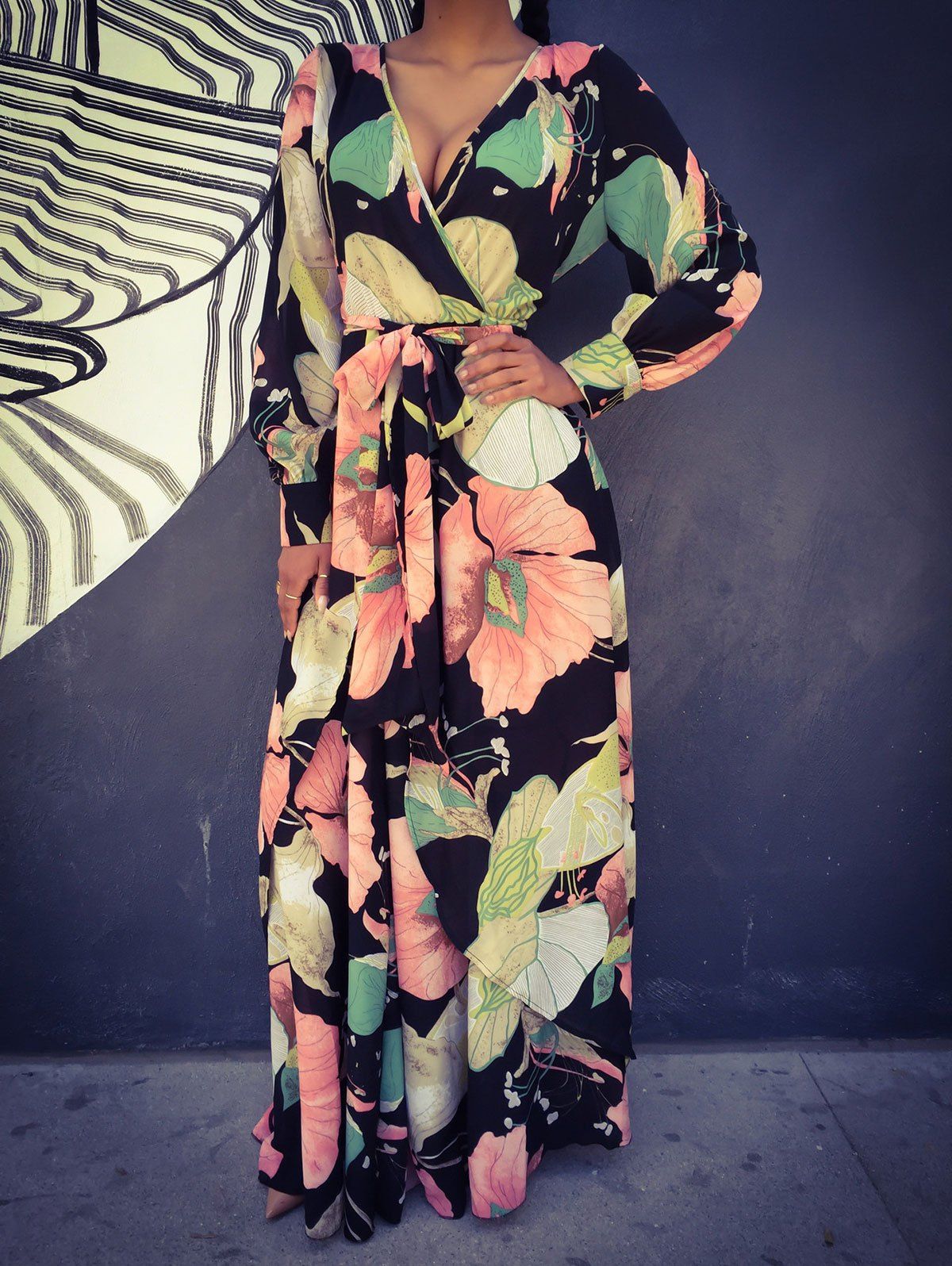 

Floral Print Maxi Surplice Dress, Colormix