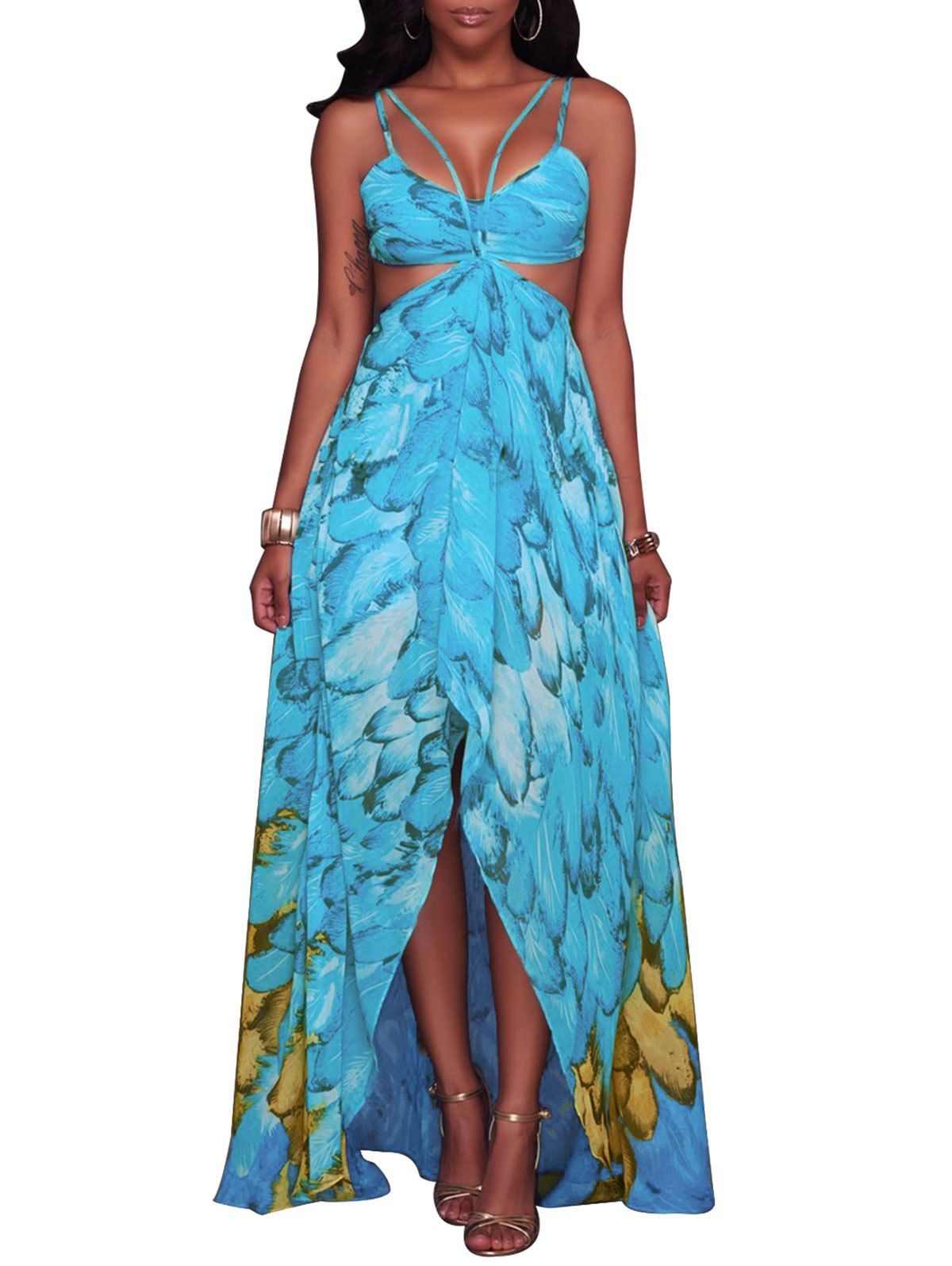 

High Slit Feather Print Beach Dress, Blue